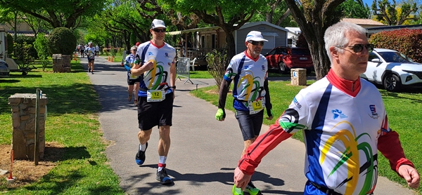 Three of the walkers at 6 Jours de France 2024. L-R Richard McChesney, Dominique Delange, Christophe Biet. 6 day racewalking